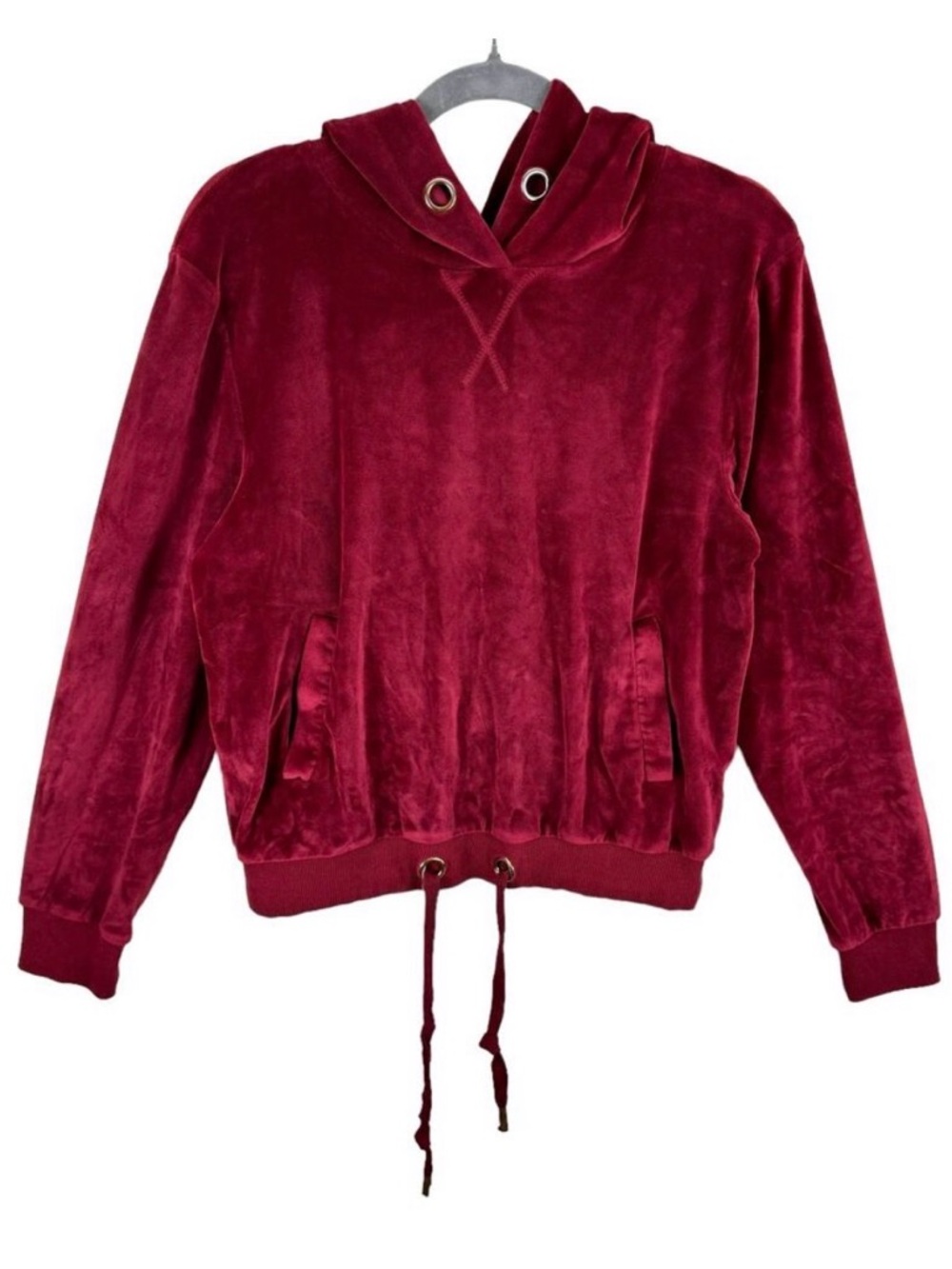 Mono B Red Hooded Plush Velour Long Sleeve Pullover Sweatshirt Pockets Size M